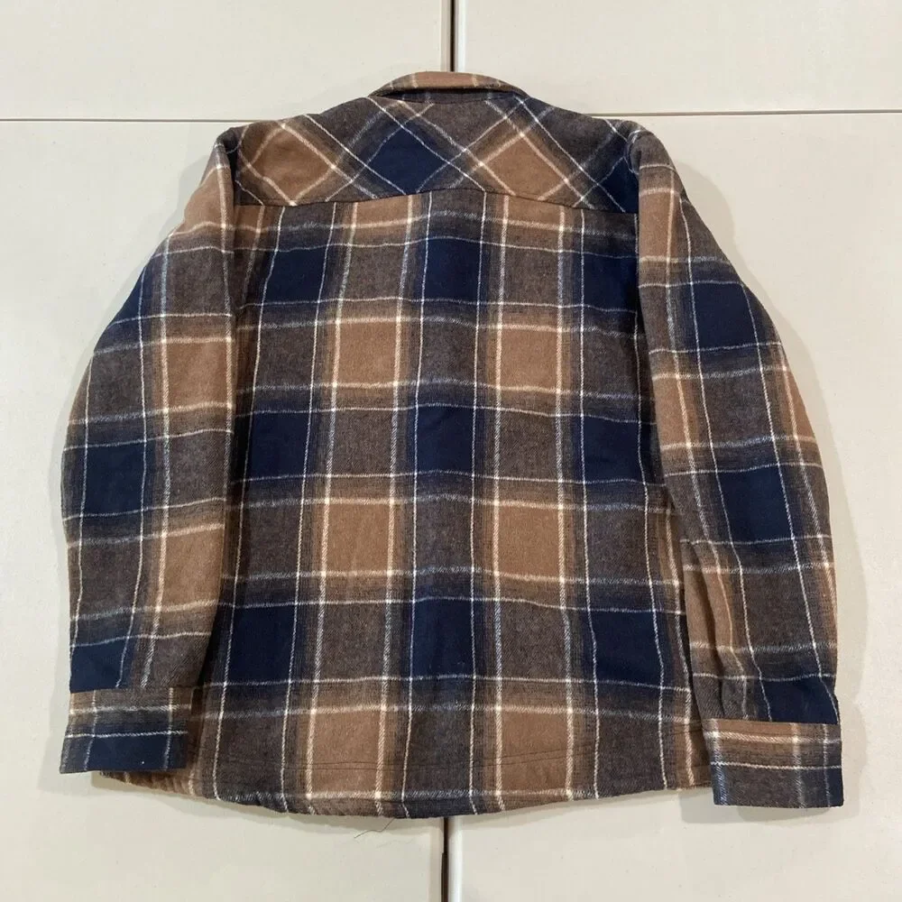 Inflight Surfboards Jacket Mens L Brown Tan Plaid Sherpa Lined Flannel Shacket